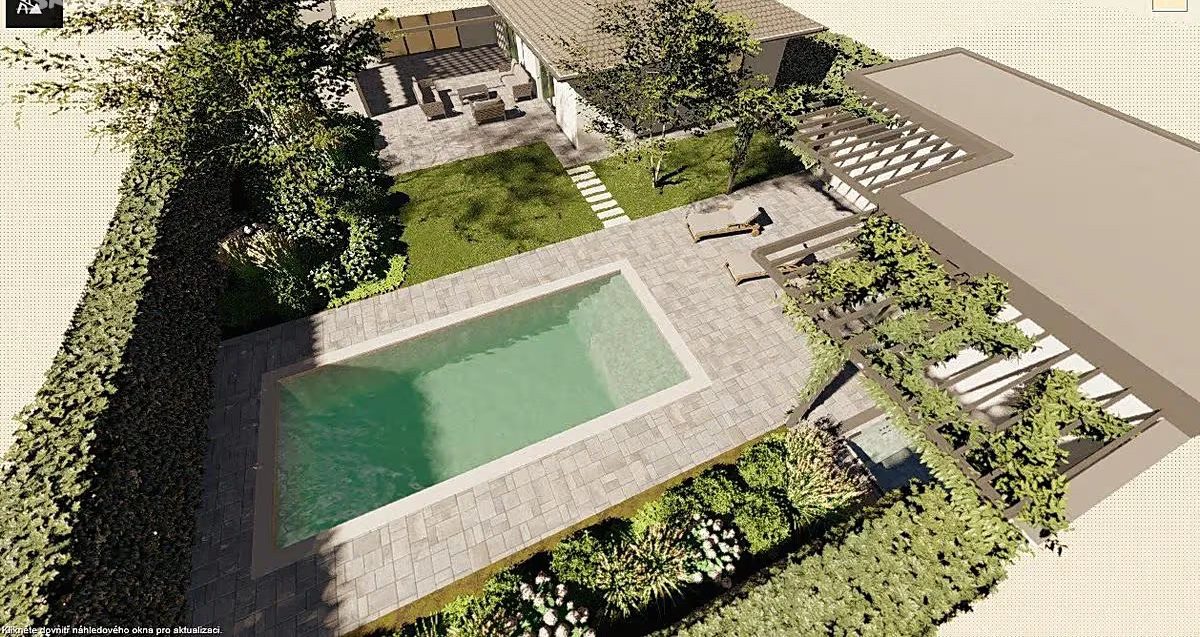 Vizualizace zahradního projektu s bazénem a dřevěnou terasou